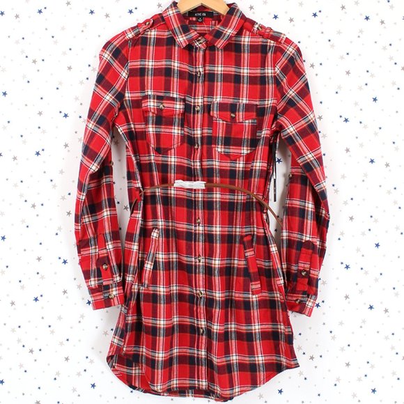 Plaid Button Up Shirt Dress with Belt Red - Picture 7 of 10
